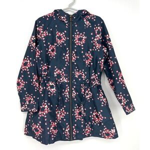French Connection Kids Girls 5/6 Navy Blue Heart Print Hooded Spring Jacket GUC